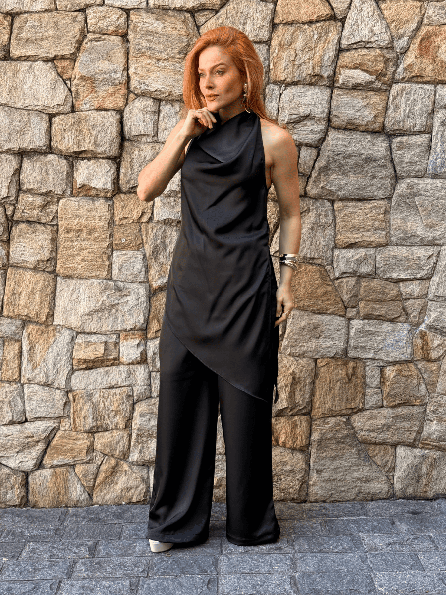 Conjunto Assimétrico Feminino em Cetim com Calça Luísa - Use By Me