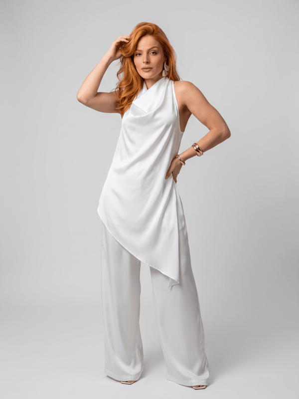 Conjunto Assimétrico Feminino em Cetim com Calça Luísa