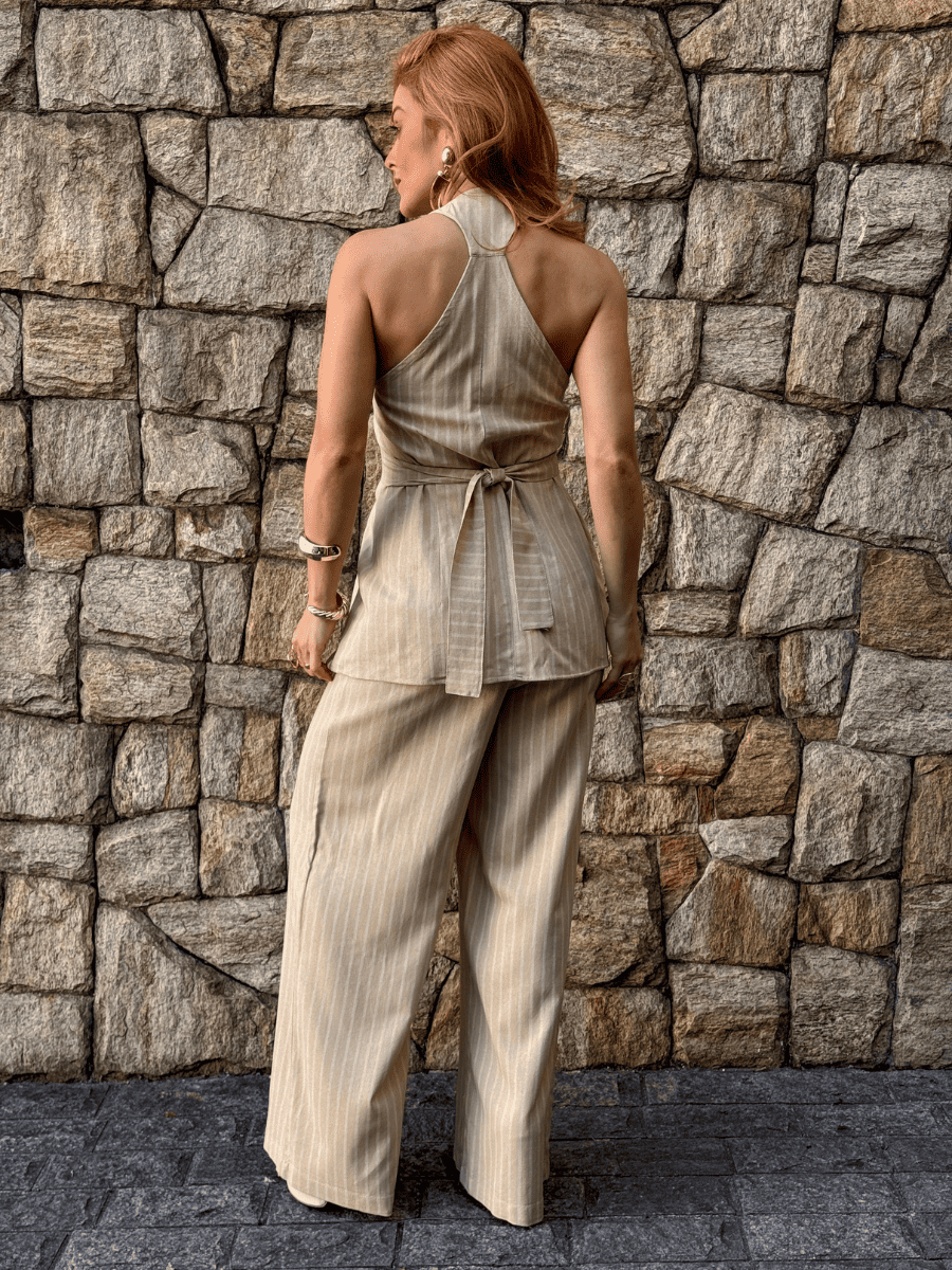 Conjunto Frente Única Feminino em Linho Listrado com Calça Roberta - Use By Me