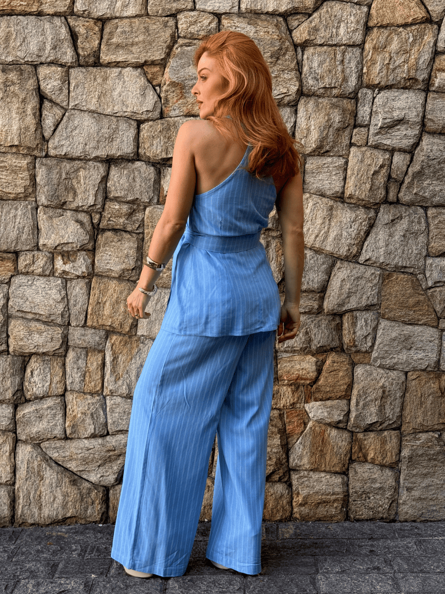 Conjunto Frente Única Feminino em Linho Listrado com Calça Roberta - Use By Me