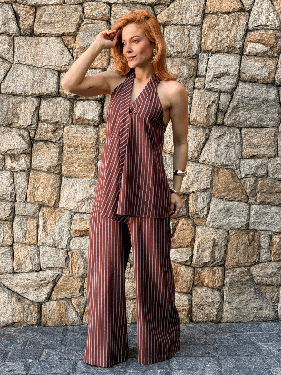 Conjunto Frente Única Feminino em Linho Listrado com Calça Roberta - Use By Me