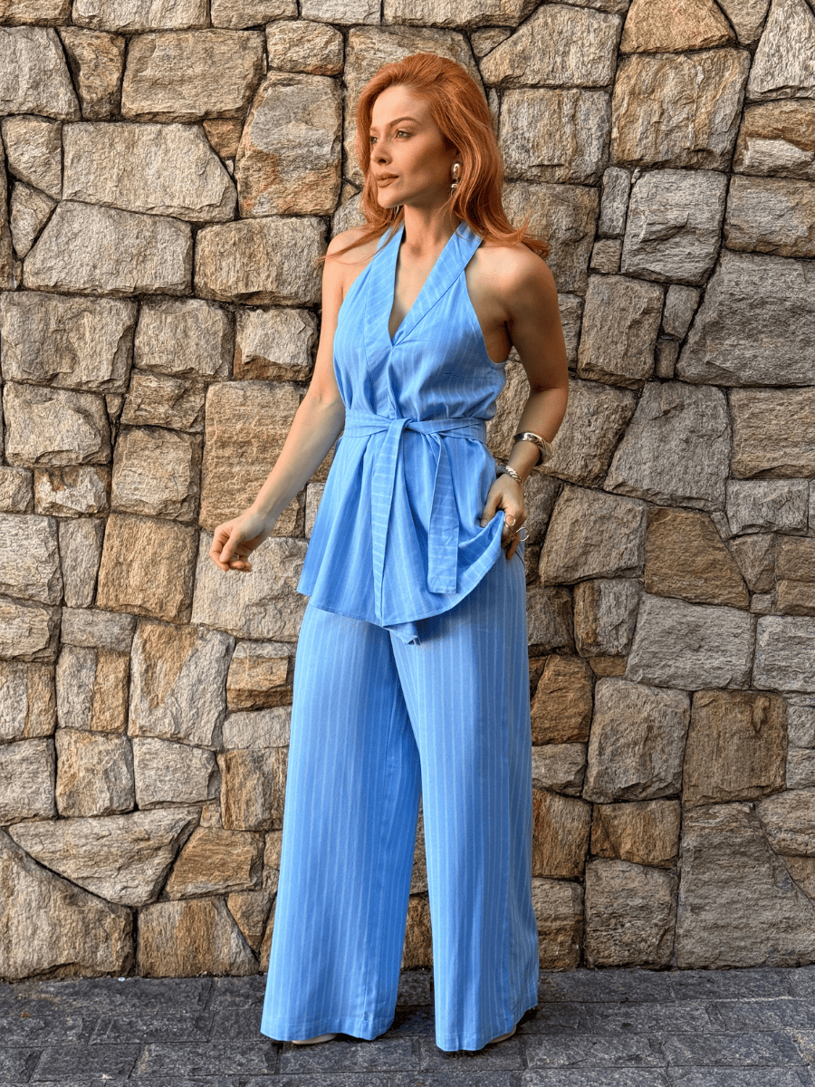Conjunto Frente Única Feminino em Linho Listrado com Calça Roberta - Use By Me
