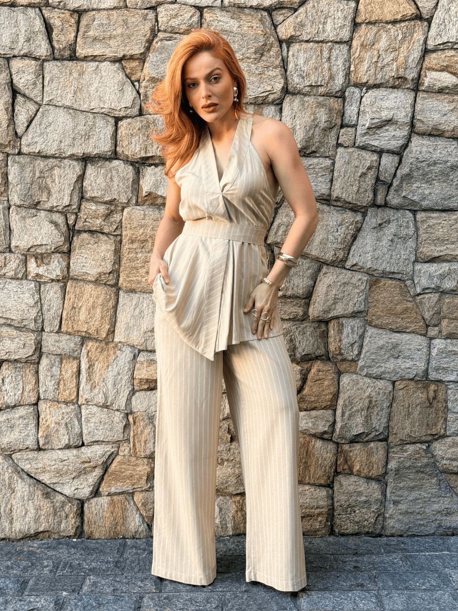 Conjunto Frente Única Feminino em Linho Listrado com Calça Roberta - Use By Me