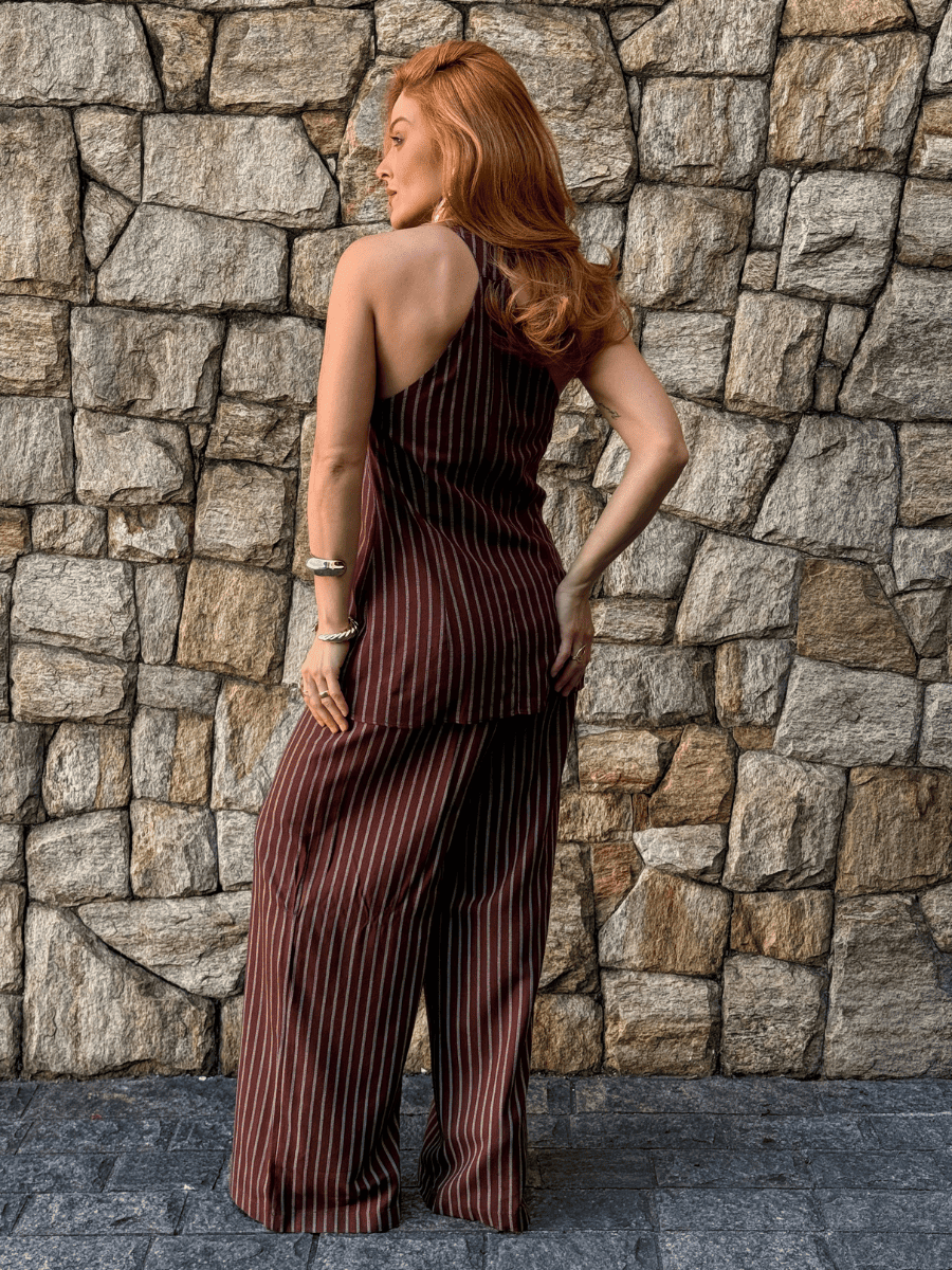 Conjunto Frente Única Feminino em Linho Listrado com Calça Roberta - Use By Me