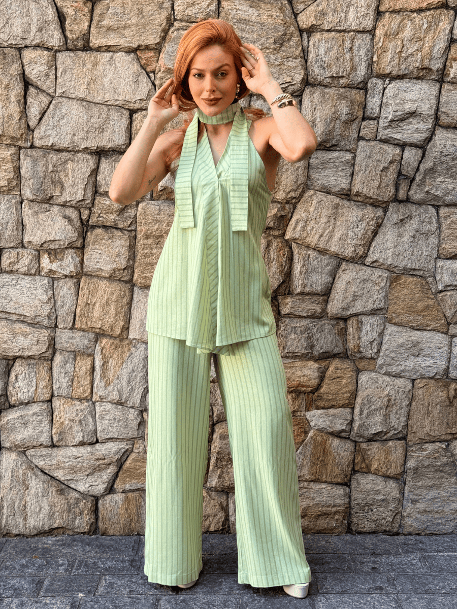 Conjunto Frente Única Feminino em Linho Listrado com Calça Roberta - Use By Me