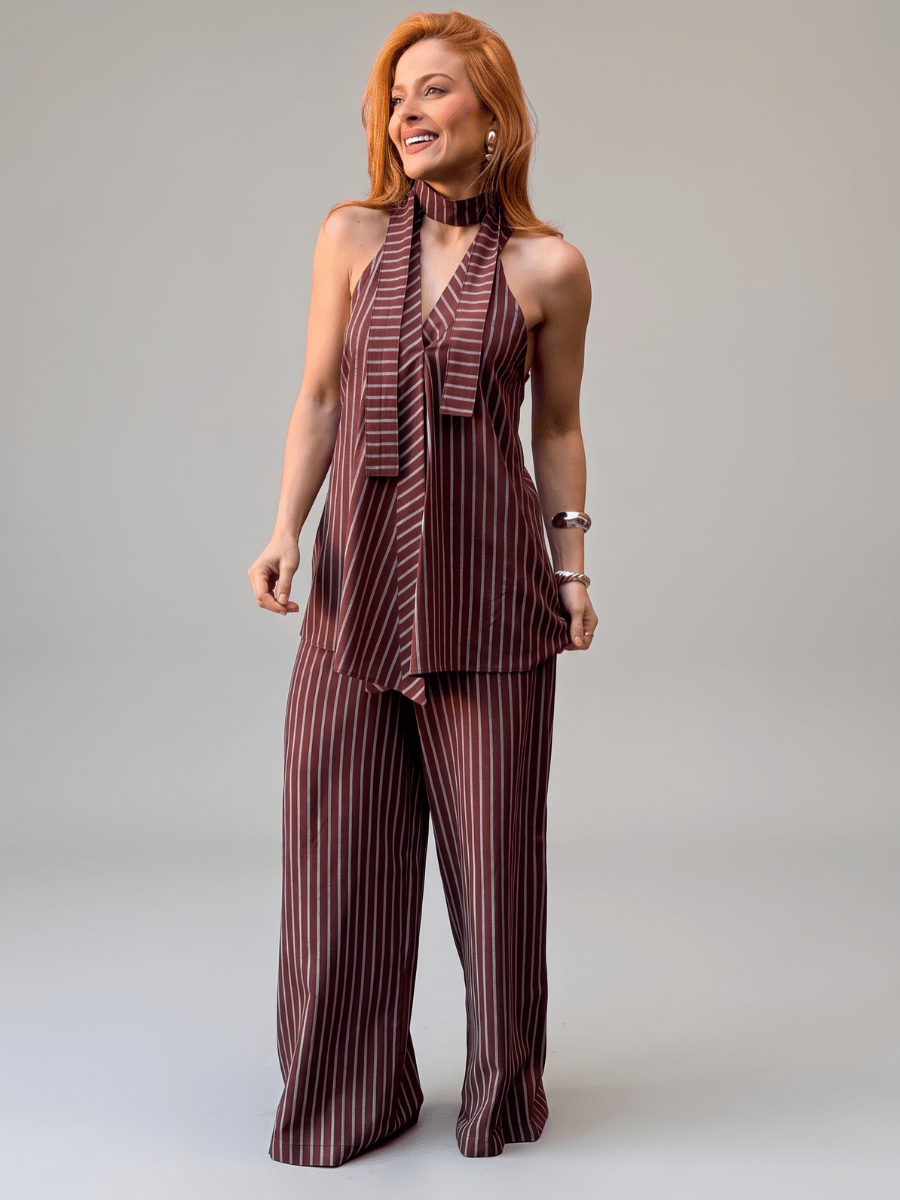 Conjunto Frente Única Feminino em Linho Listrado com Calça Roberta - Use By Me