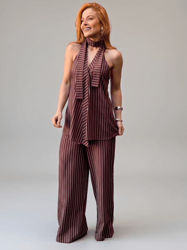 Conjunto Frente Única Feminino em Linho Listrado com Calça Roberta