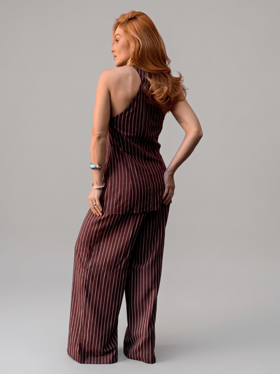 Conjunto Frente Única Feminino em Linho Listrado com Calça Roberta - Use By Me