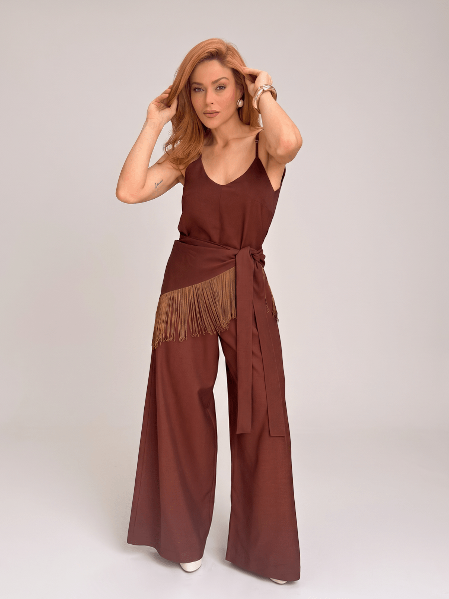 Macacão Regata Pantalona com Franjas Bianca - Use By Me